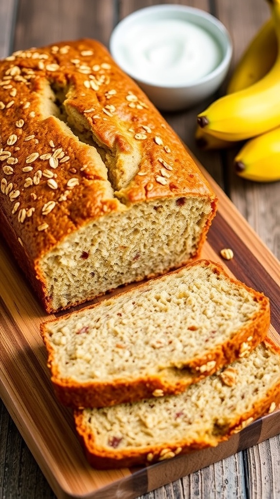 Sliced banana bread with oats and yogurt on a wooden board, with bananas and yogurt in the background.